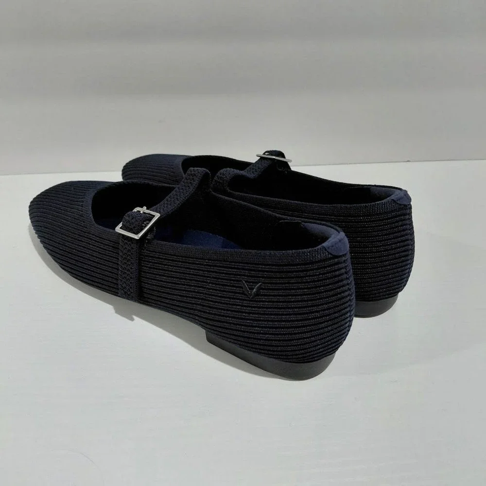 Vivaia Margot Mary Jane Flats Navy Blue Ribbed Knit Square Toe Sustainable 39.5 - Picture 11 of 13